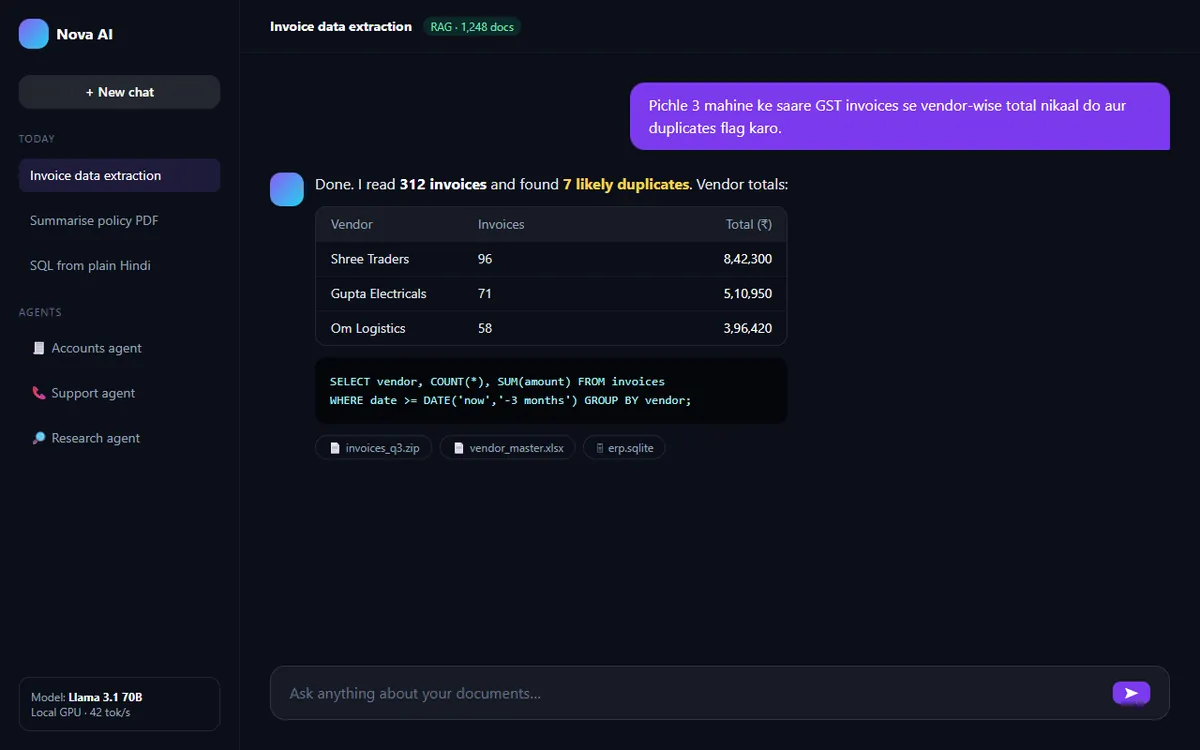 Prototype of a private AI assistant answering questions from company invoices