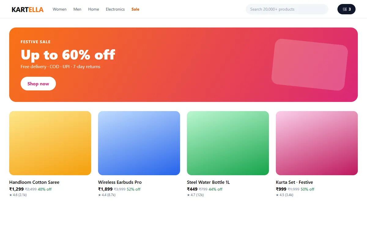 Prototype of an online store home page with festive sale banner and products