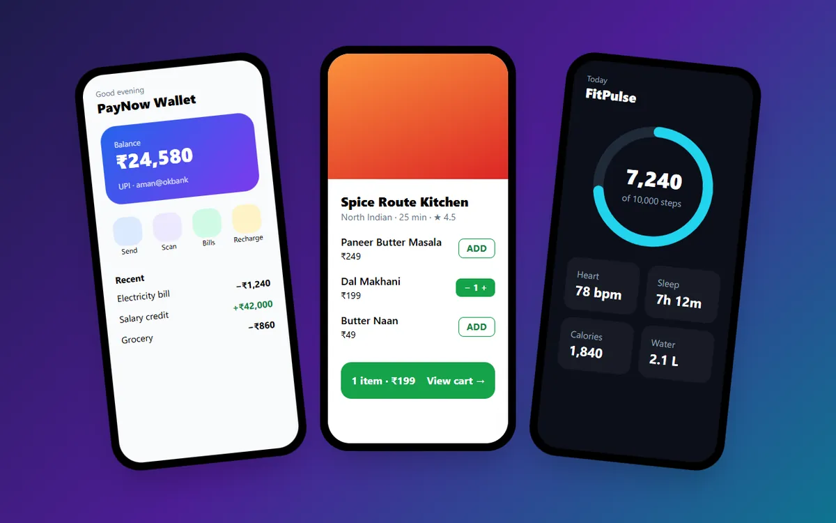Prototypes of a payment wallet, food-delivery and fitness mobile app